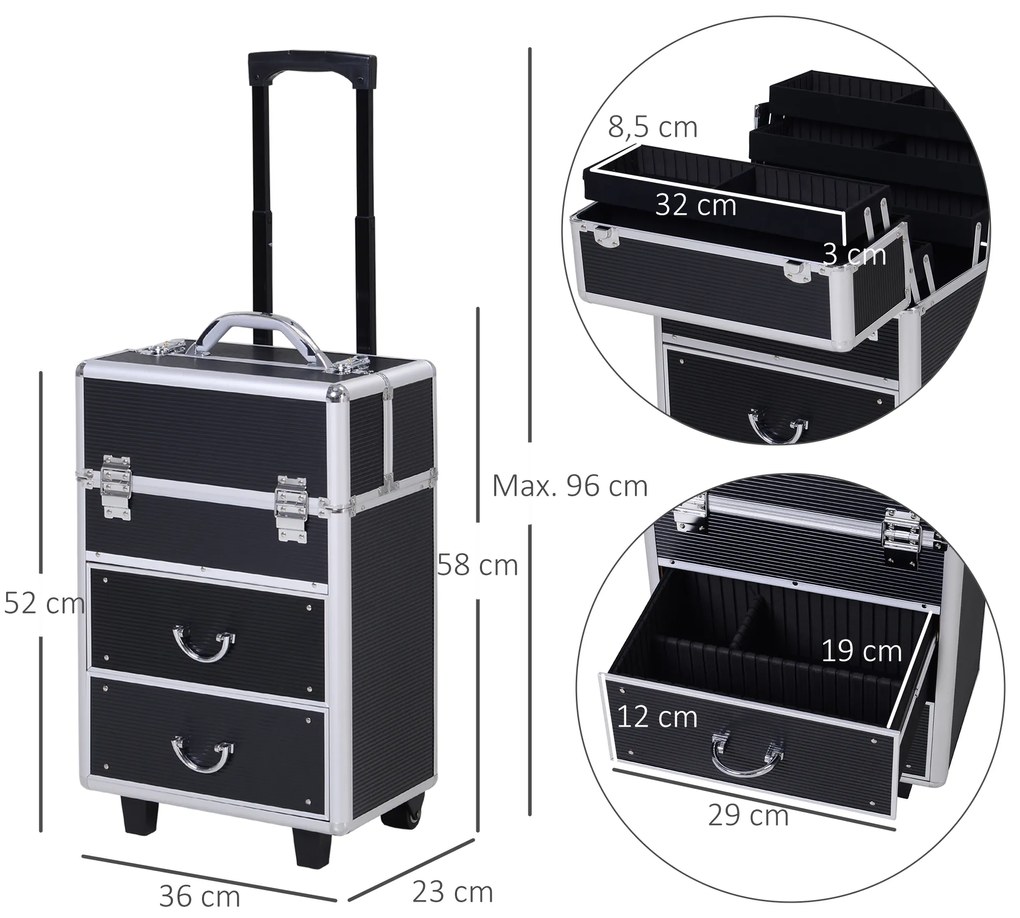 HOMCOM Estojo de maquiagem portátil Estojo profissional de cosméticos com 6 gavetas extensíveis, fechadura, rodas e alça retrátil 36x23x58 cm preta