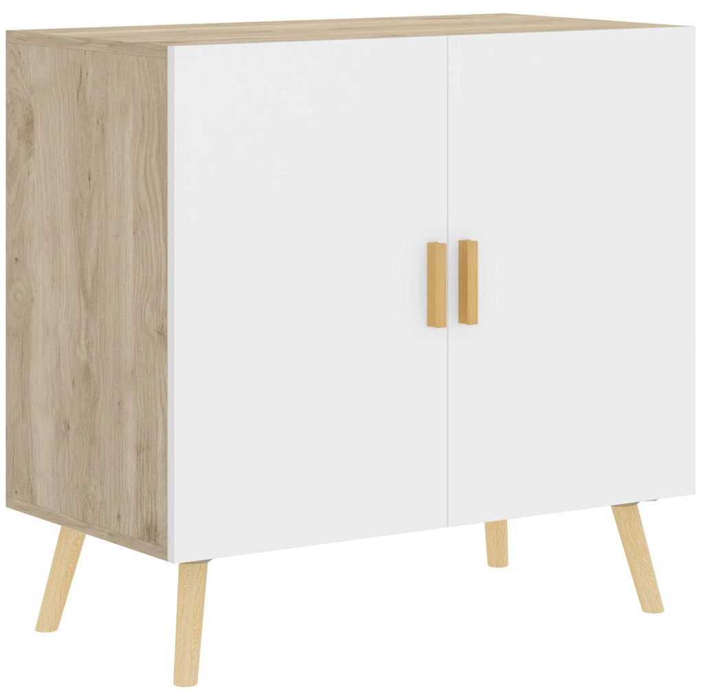 HOMCOM Buffet Móvel de Armazenamento com Alças de Bambu Prateleira Ajustável Base Elevada 76x41,2x74 cm Branco Madeira Natural | Aosom Portugal