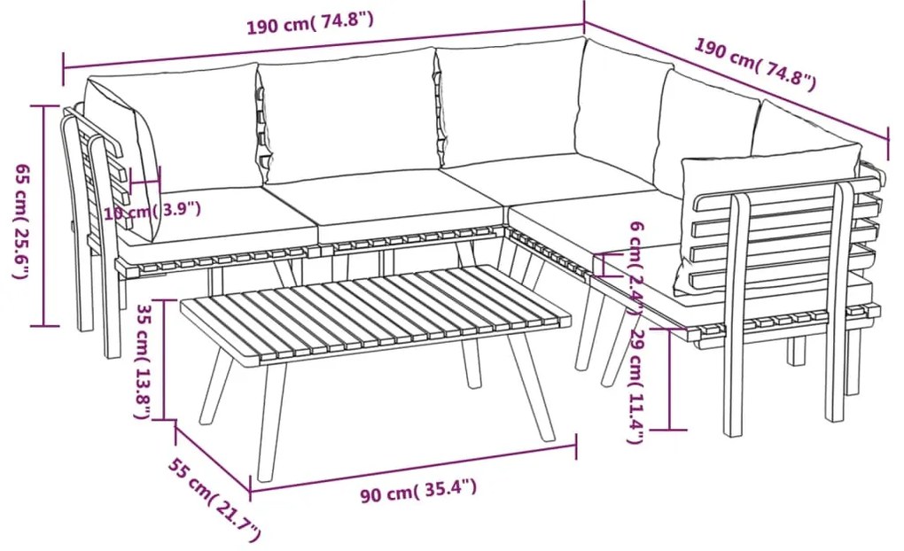 6 pcs conjunto lounge de jardim c/ almofadões acácia maciça