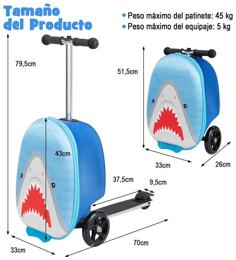 Mala Infantil Trotinete dupla 2 em 1 para crianças 26 L com rodas iluminadas por LED com 3 núcleos de trabalho Bagagem para passeios escolares Azul