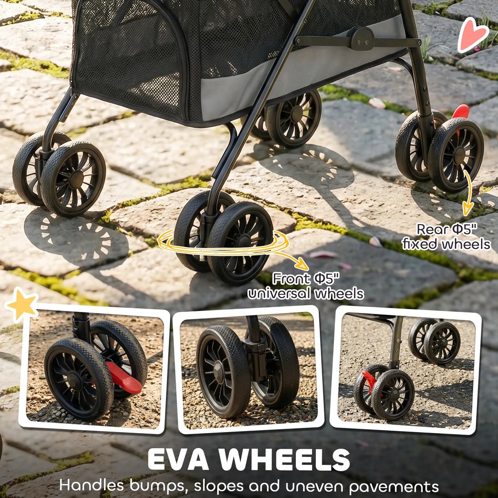 Carrinho para Cães Dobrável de 4 Rodas EVA Giratório com Travão Janelas de Rede Almofada Lavável Porta-Copos Cinzento