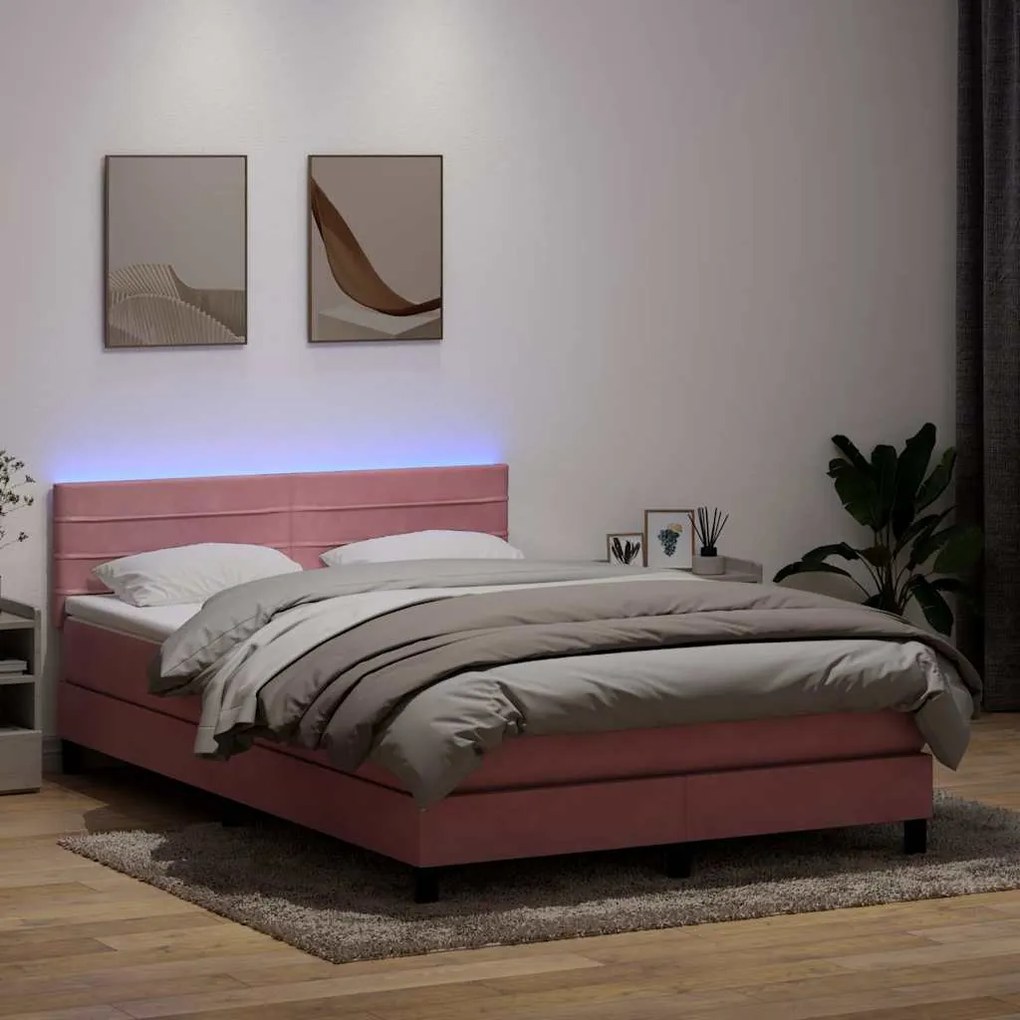 vidaXL Cama box spring c/ colchão e LED 140x220 cm veludo rosa