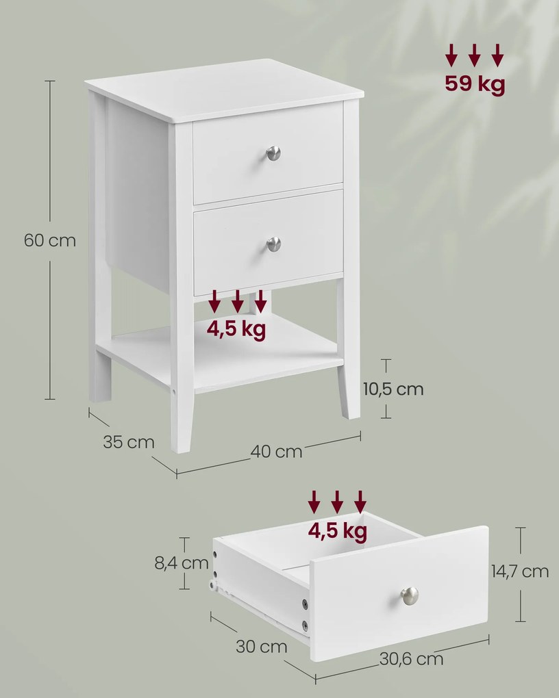 Mesa de cabeceira em bambu com 2 gavetas 35 x 40 x 60 cm Branco