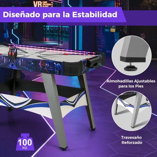 Mesa de Air hóquei com luzes LED e marcador LED 137 x 65 x 86 cm, 2 empurradores e discos, motor potente de 12V azul