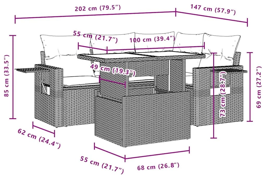 5 pcs conjunto sofás de jardim com almofadões vime PE preto