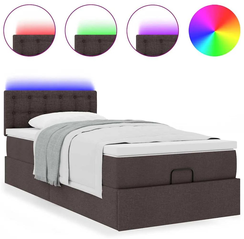 Cama otomana com colchão & LEDs 90x200cm tecido castanho escuro