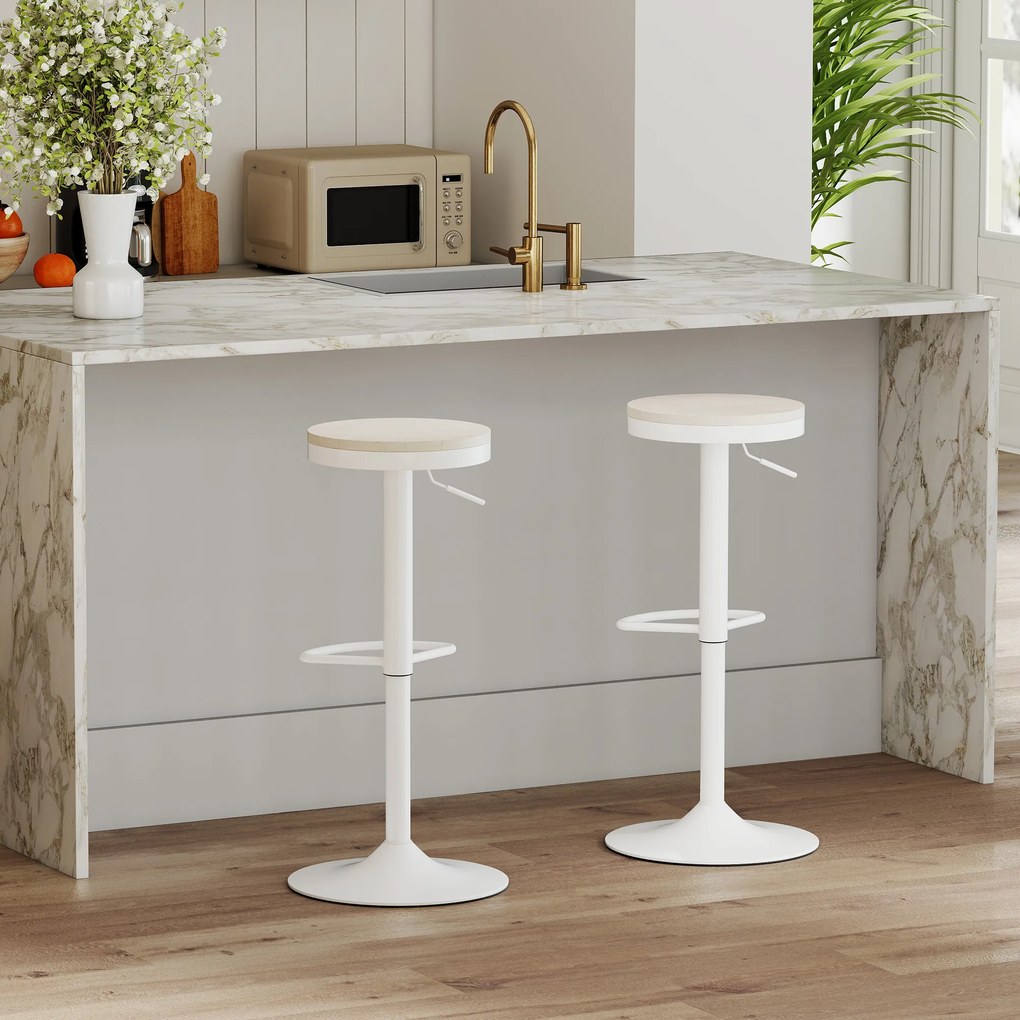 Conjunto de 2 bancos de bar, bancos giratórios com assento em madeira de seringueira, altura ajustável e apoio para os pés, branco