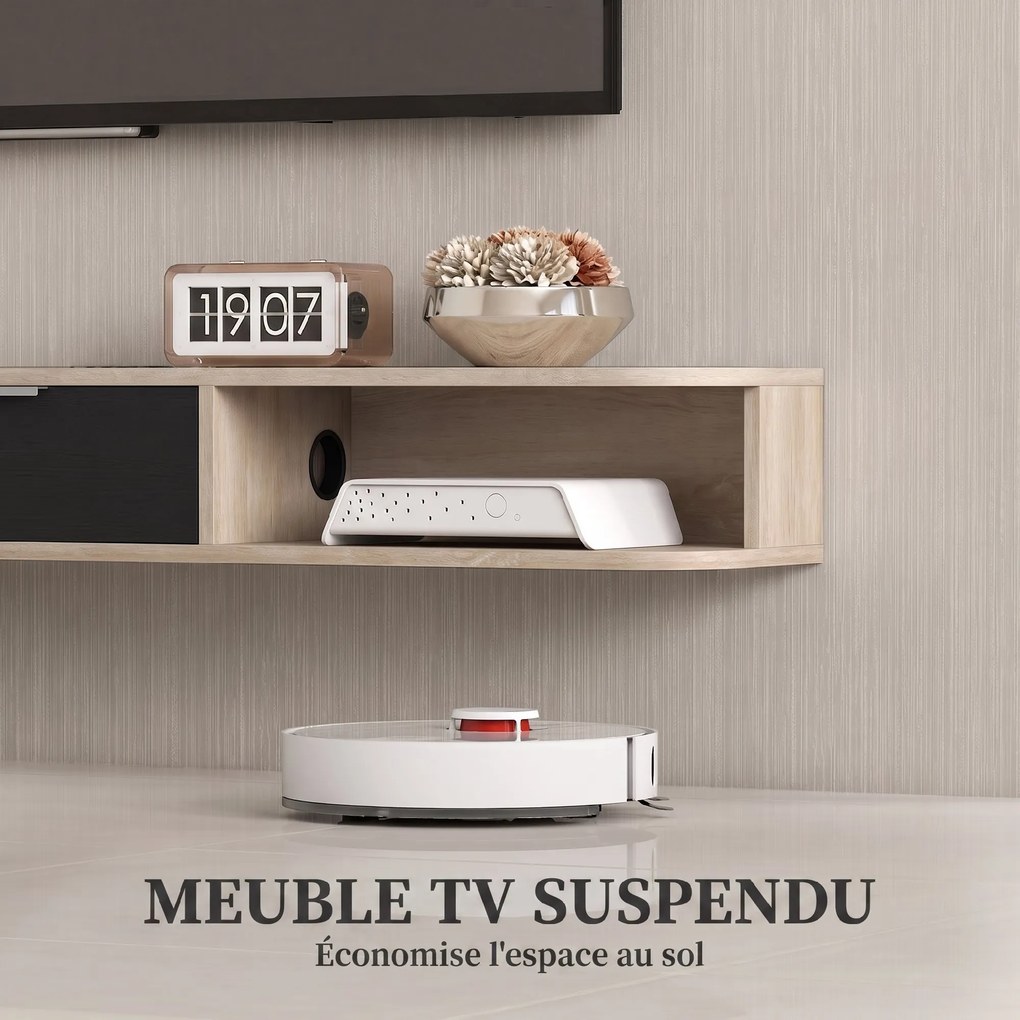 Móvel de TV suspenso 180 x 24 x 16 cm, móvel para televisores até 75 polegadas, gaveta rebatível, 2 prateleiras, cor madeira natural e preto