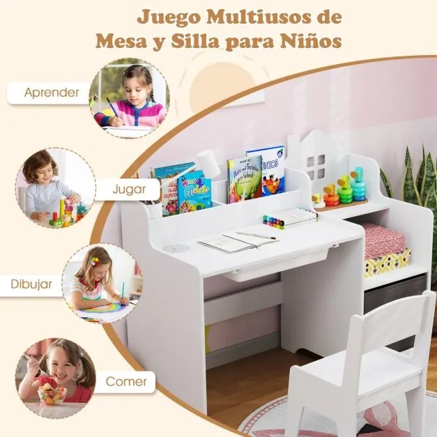 Conjunto de secretaria e cadeira de estudo para crianças com prateleiras abertas Gaveta e cesto de tecido branca