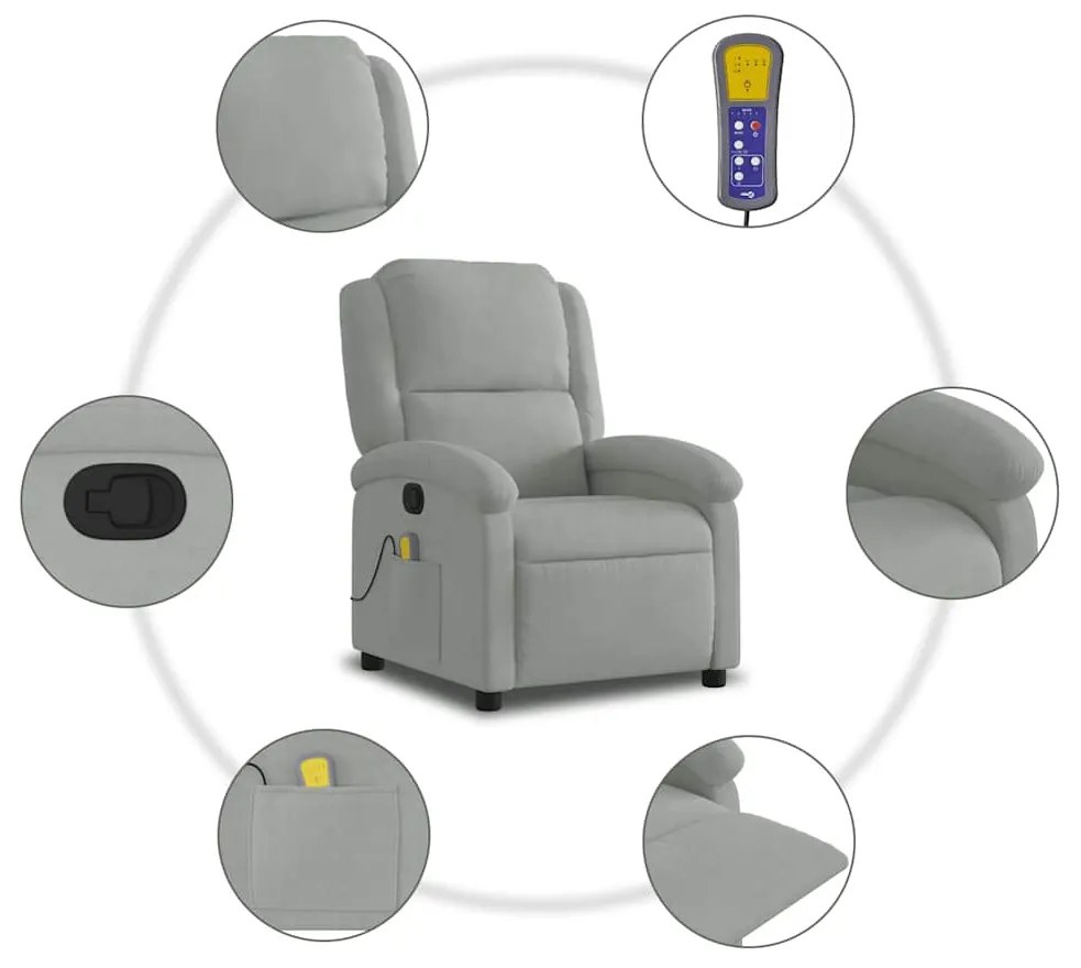 Poltrona de massagens reclinável veludo cinzento-claro