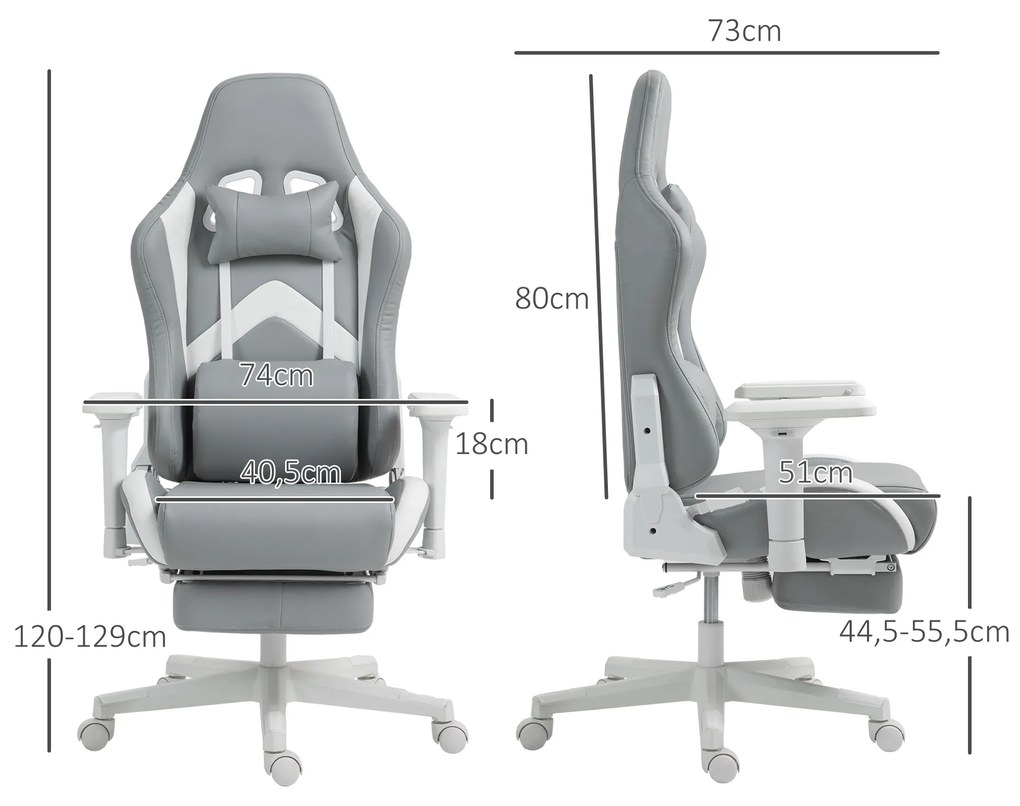 Cadeira Gamimg Reclinável com Apoio para os Pés Retrátil Suporte Lombar e Apoio para a Cabeça 74x73x120-129 cm Cinza Claro e Branco