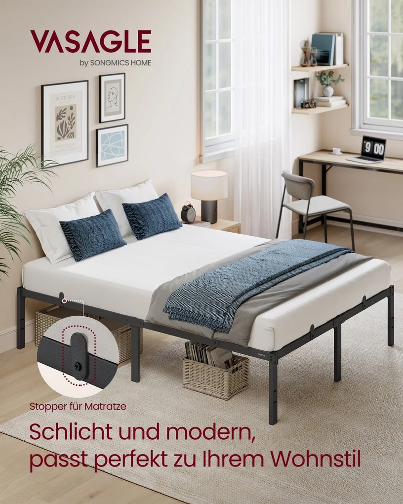 Estrutura de cama em metal 200 x 140 x 40,6 cm (COLCHÃO NÃO INCLUIDO) com espaço de arrumação e design moderno Preta
