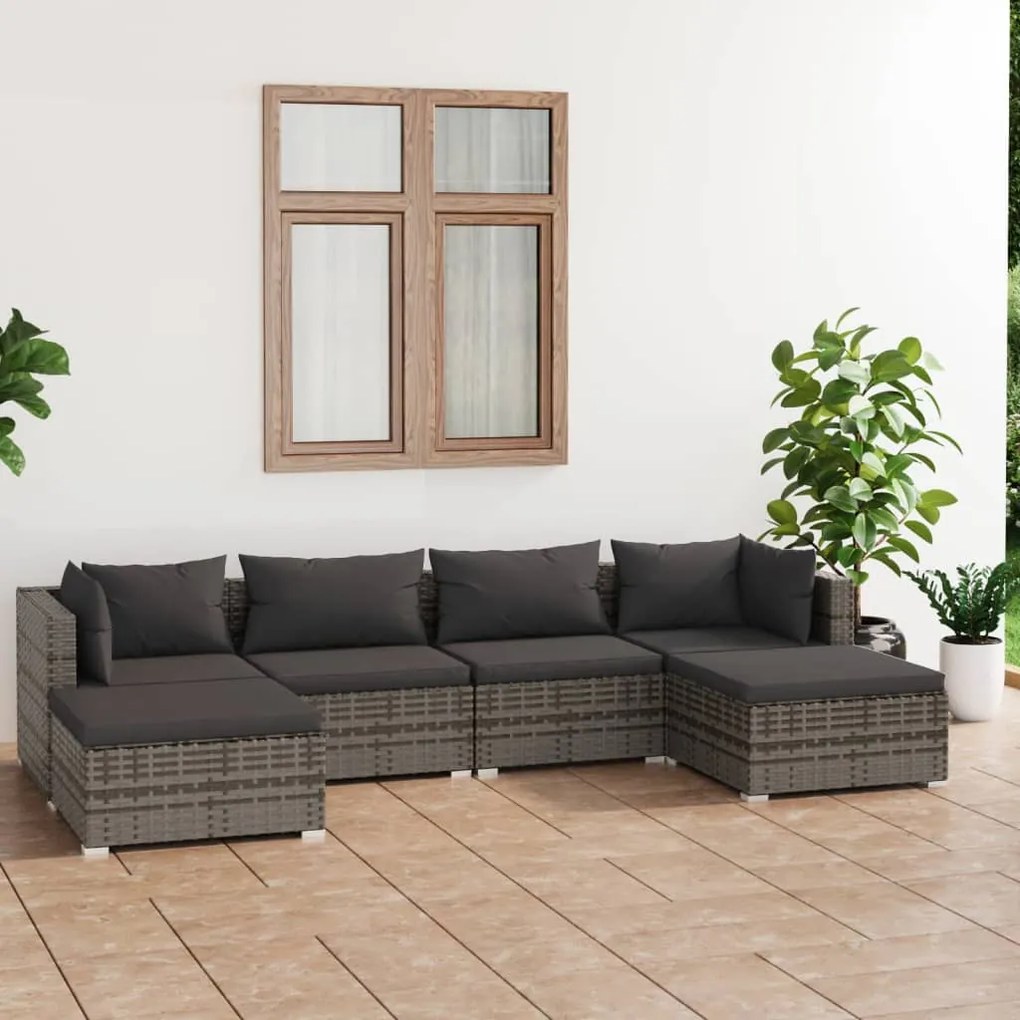 vidaXL 6 pcs conjunto lounge de jardim c/ almofadões vime PE cinzento