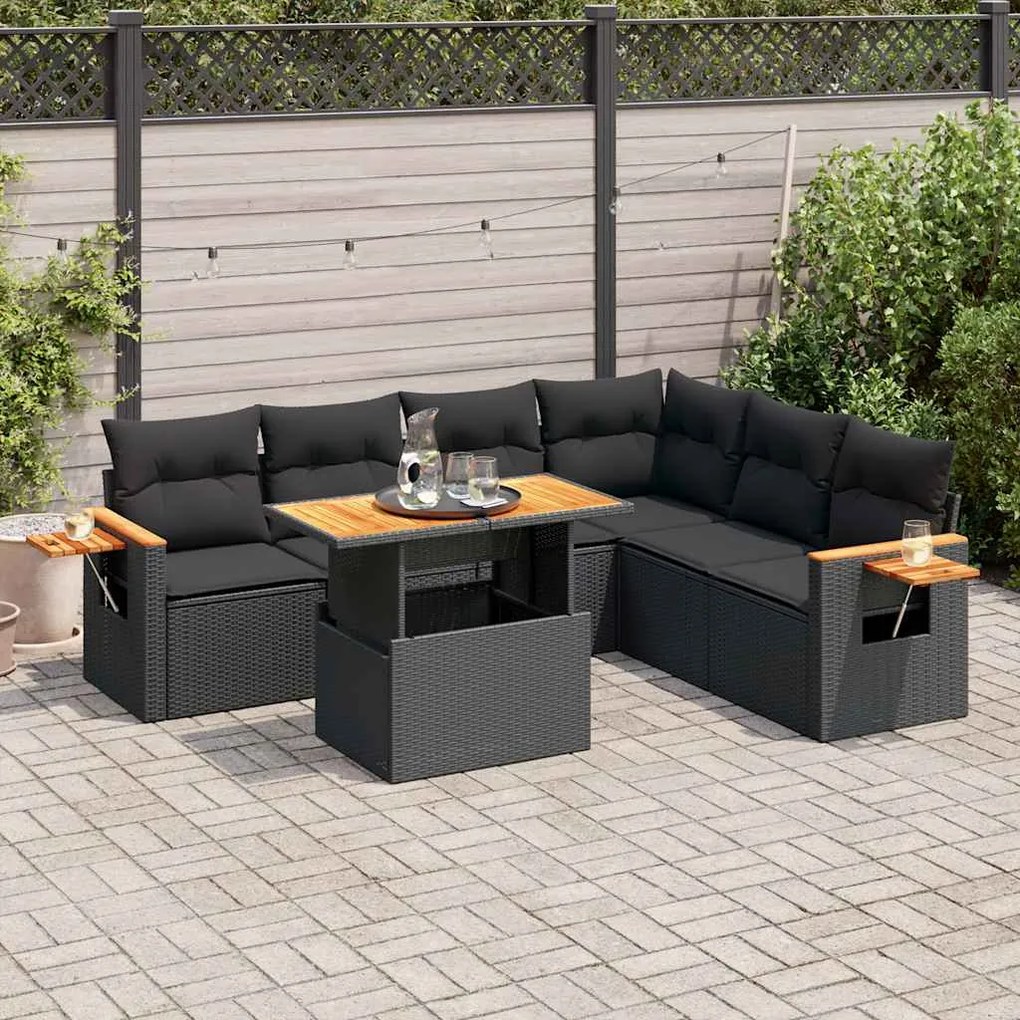 7 pcs conjunto sofás jardim c/ almofadões vime PE/acácia preto