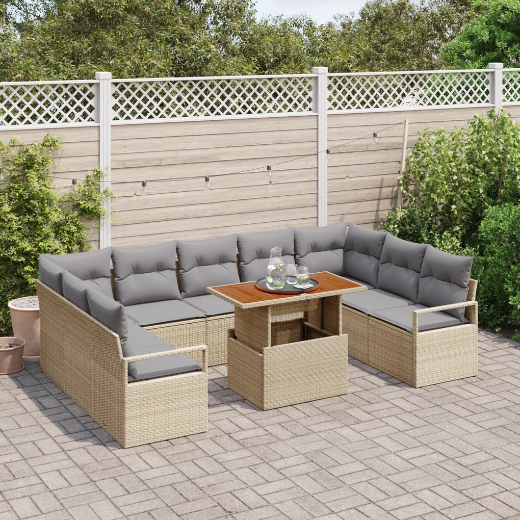Conjunto de Sofá de Jardim vidaXL de 10 Peças com Almofadas Bege Ratta