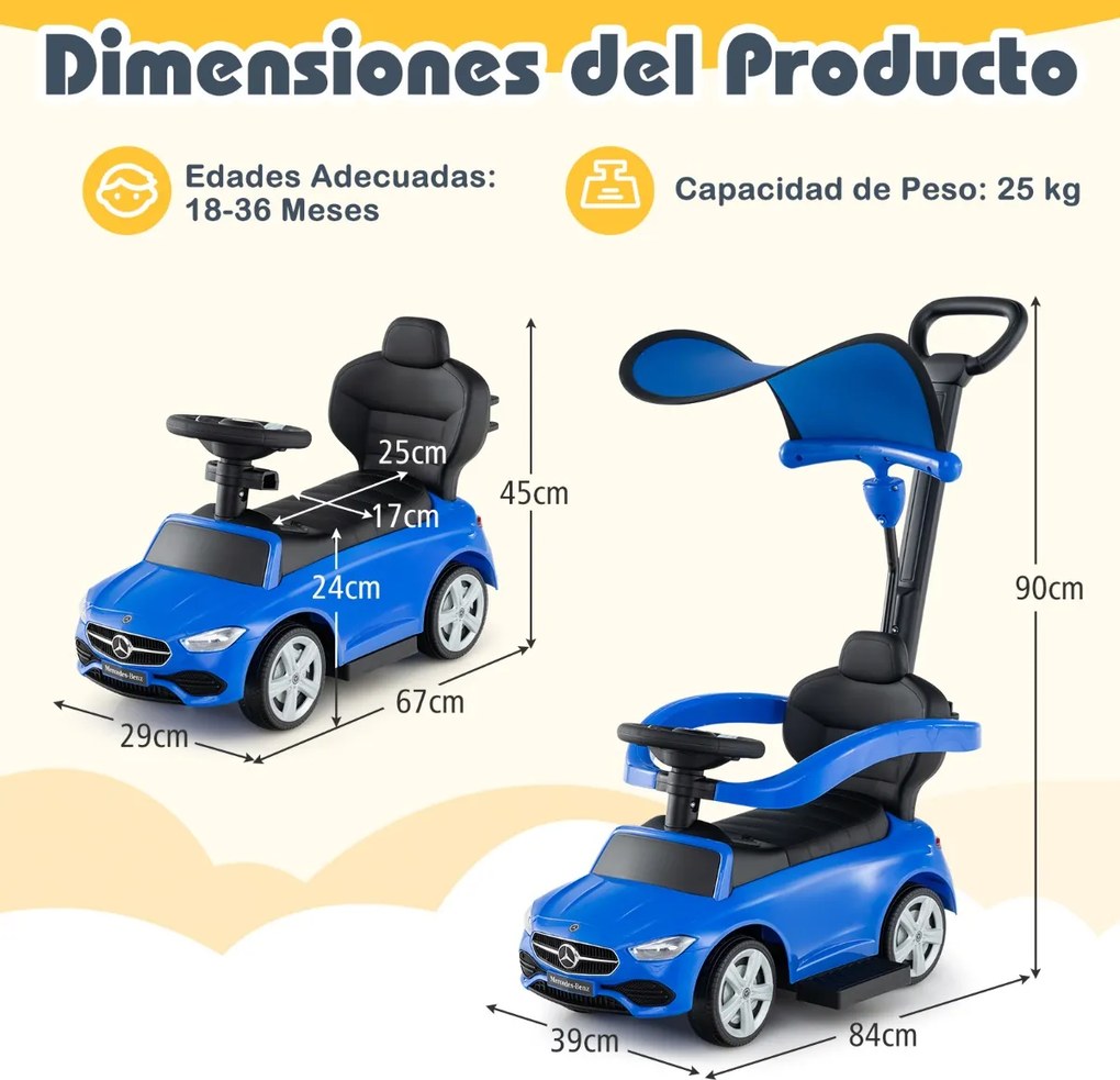 Andador Carro 3 em 1 para criança com barra de empurrar Capota ajustável Pedal e buzina para crianças de 18 a 36 meses Azul Marinho
