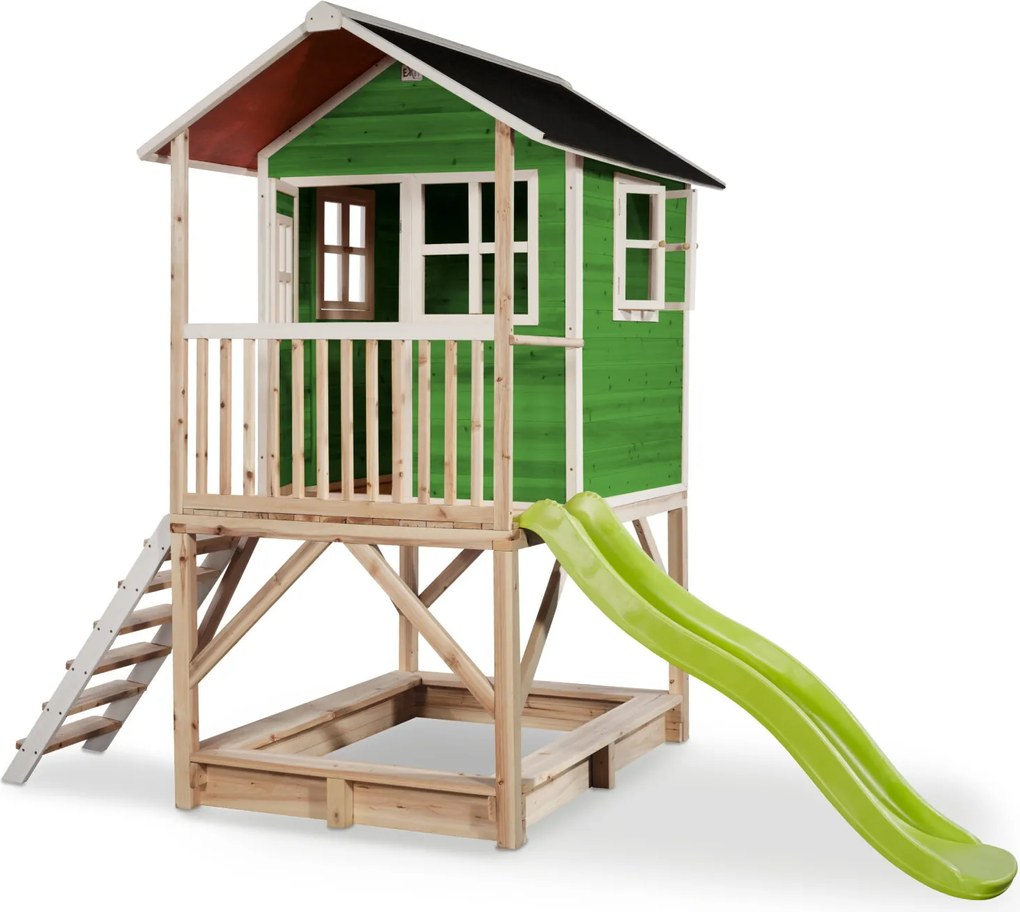 Casa de brincar infantil exterior para crianças Loft 500 em madeira com escorrega e caixa areia - Verde