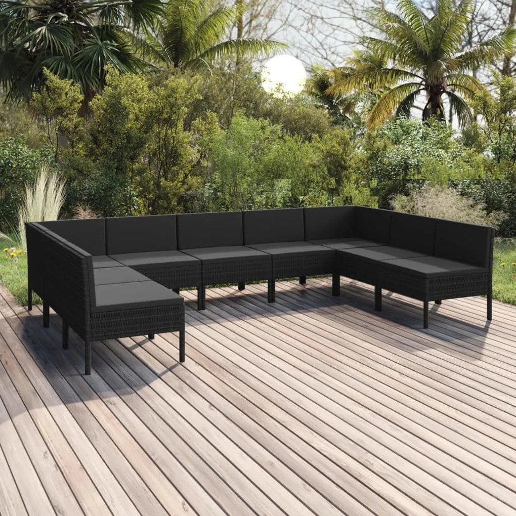 vidaXL 9 pcs conjunto lounge de jardim c/ almofadões vime PE preto