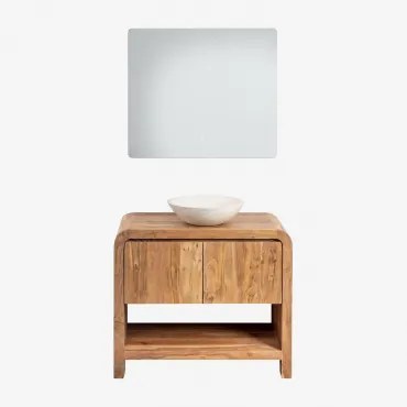 Conjunto De Móvel De Casa De Banho Em Madeira Vacry Castanho Acácia & Cimento Redondo Branco Ø40 Cm Zavion & Led Retangular E Anti-embaciamento 80x70