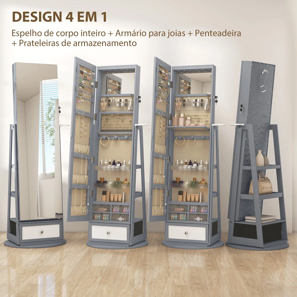 Espelho de Pé Giratório 360° com Espelho com Interior Iluminado Organizador de Jóias com Prateleiras e Gavetas 56x56x164
