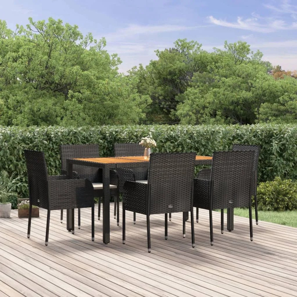 vidaXL 7 pcs conjunto de jantar p/ jardim c/ almofadões vime PE preto