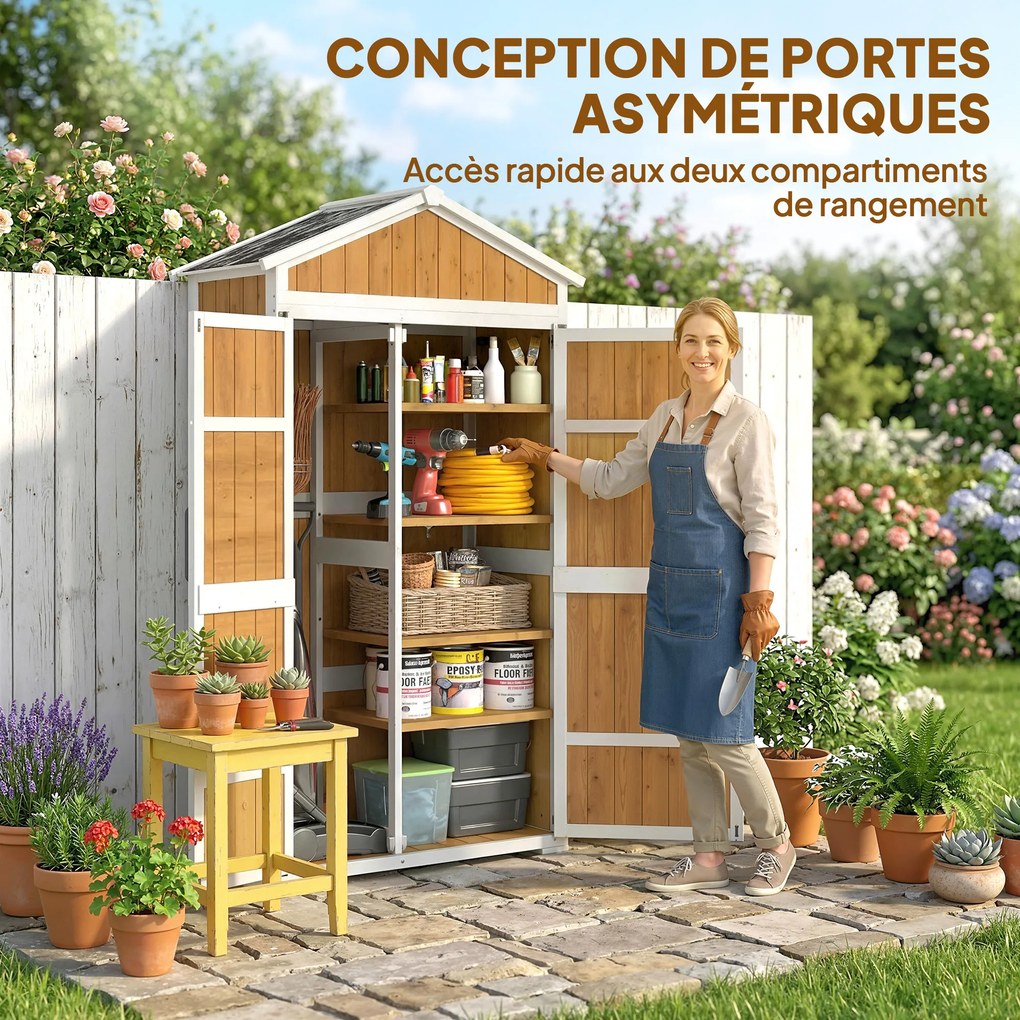 Abrigo de jardim 105 x 55 x 179 cm com telhado metálico e porta dupla para ferramentas de jardinagem - Natural