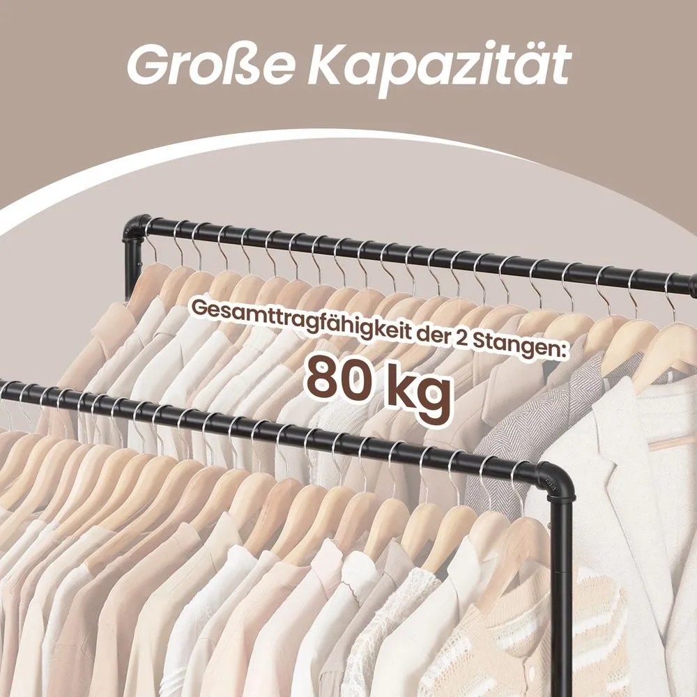 Guarda roupa aberto, Cabide com rodas, 2 varões, e com prateleira 59 x 100 x 162 cm preto