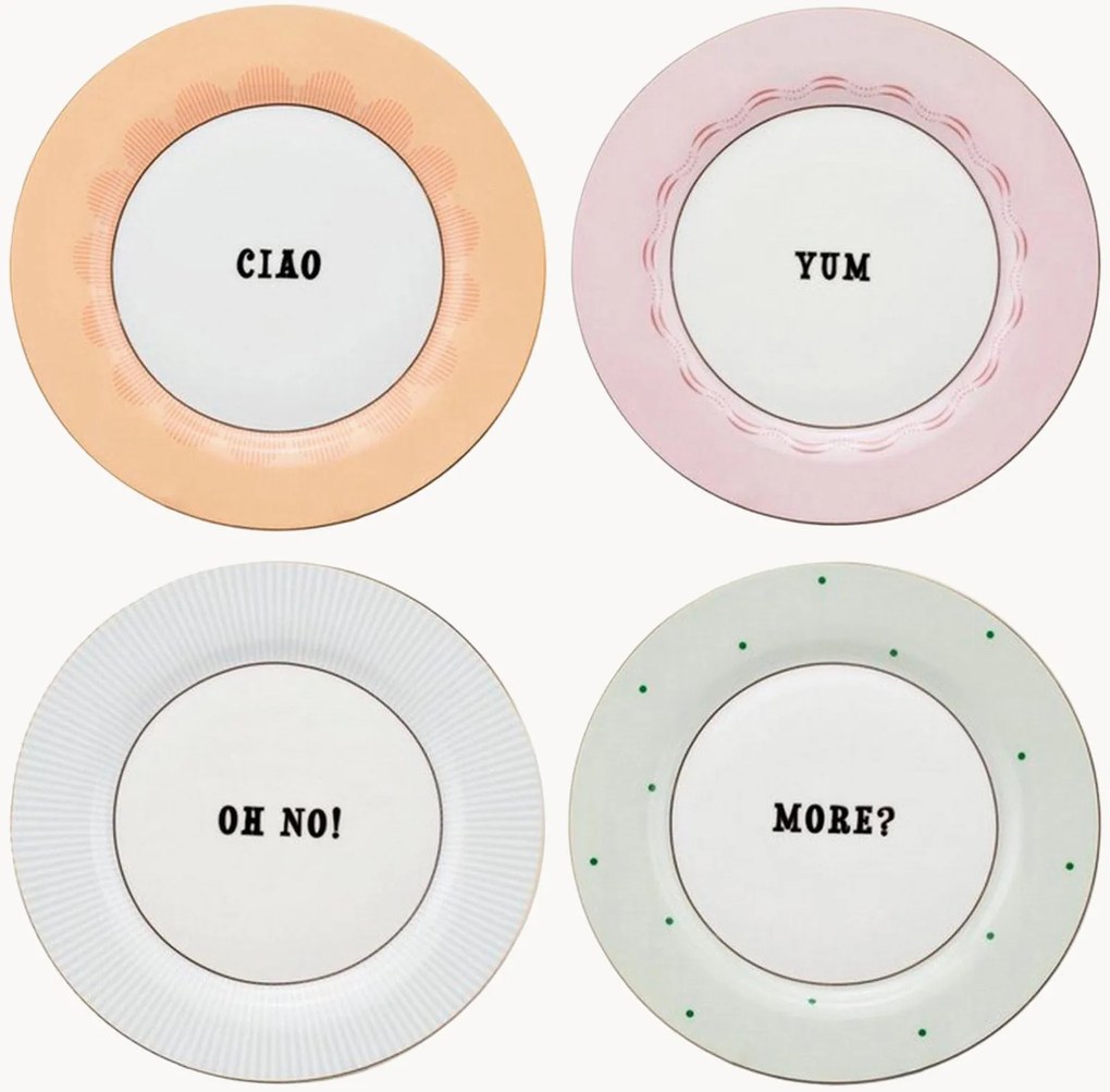 Pratos de pequeno-almoço em porcelana fine bone china Slogan, conjunto de 4