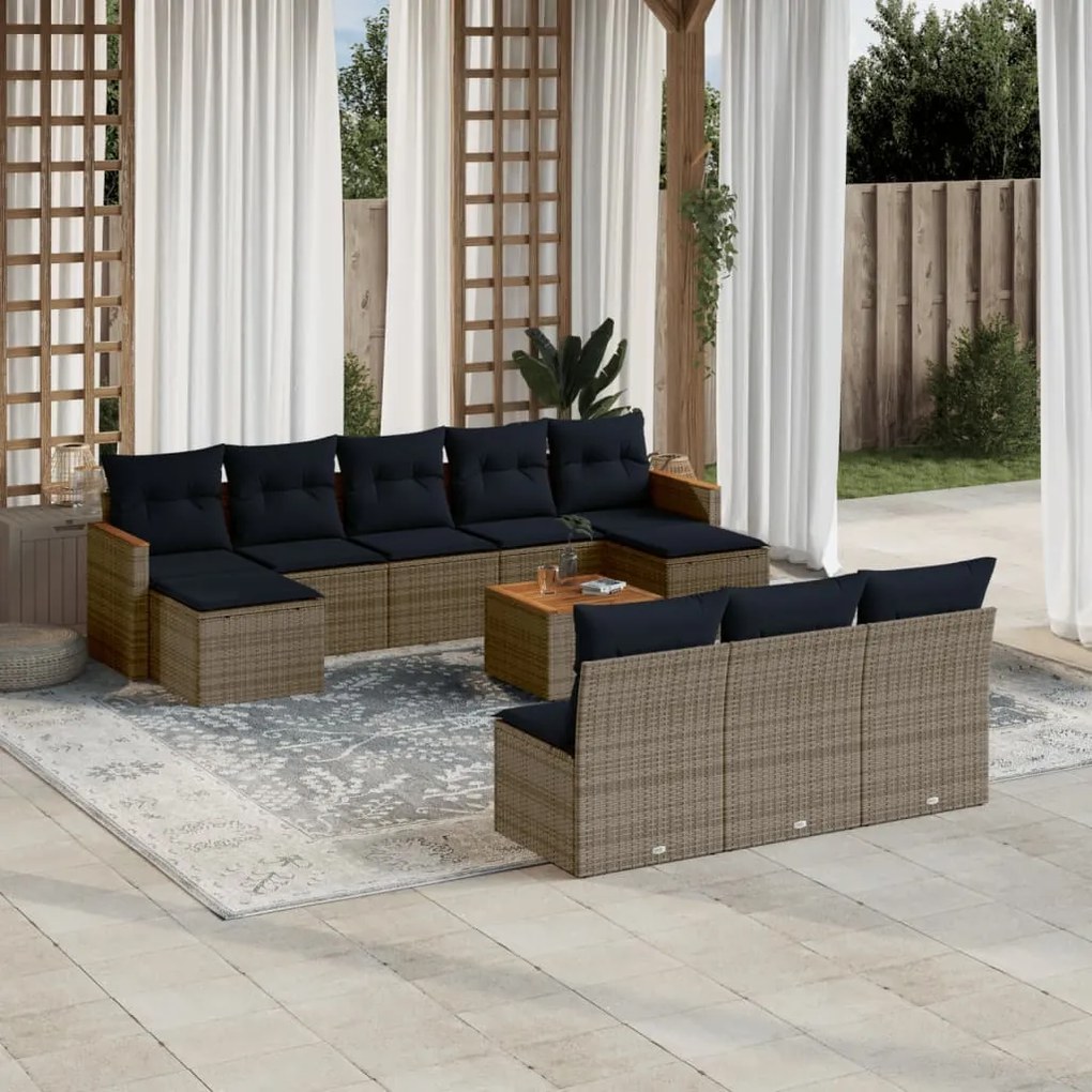 vidaXL 11 pcs conjunto sofás de jardim c/ almofadões vime PE cinzento