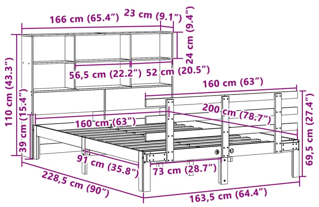Cama com estante sem colchão 160x200 cm pinho maciço branco