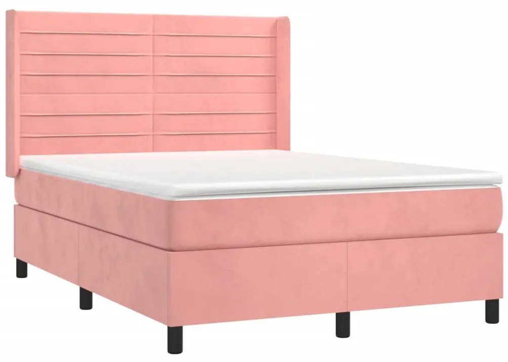 Cama box spring c/ colchão/LED 140x190 cm veludo rosa