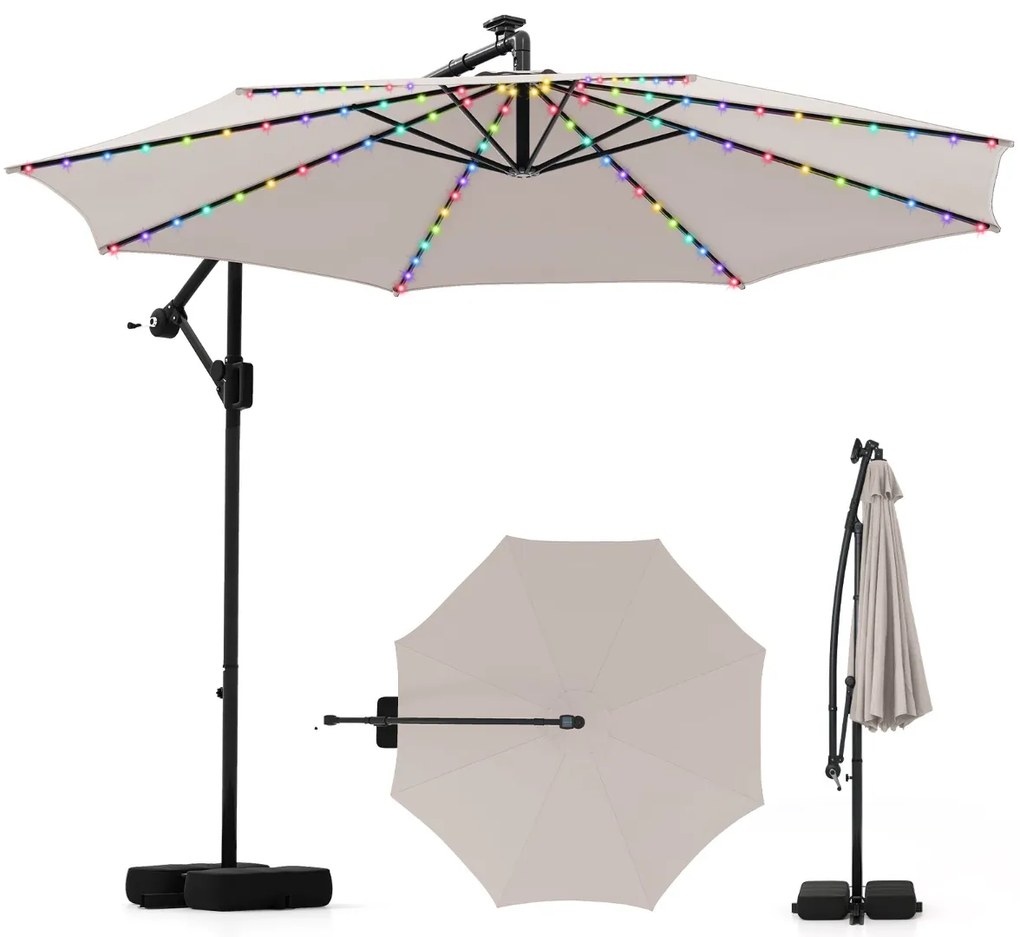 Guarda-sol 300 x 260 cm com base, iluminação LED, 9 modos, ajuste fácil da inclinação, rotação de 360° Bege