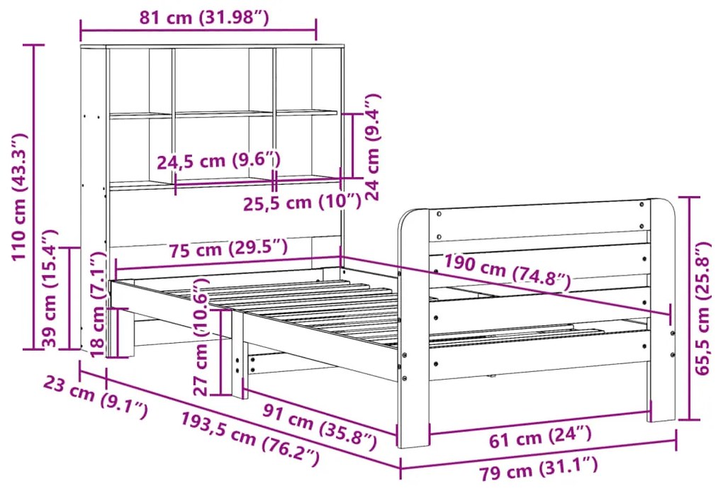 Cama sem colchão 75x190 cm madeira de pinho maciça castanho-mel