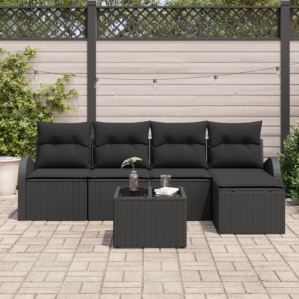 Conjunto de Sofá de Jardim de 6 Peças com Almofadas Bege Vime PE, Sofá