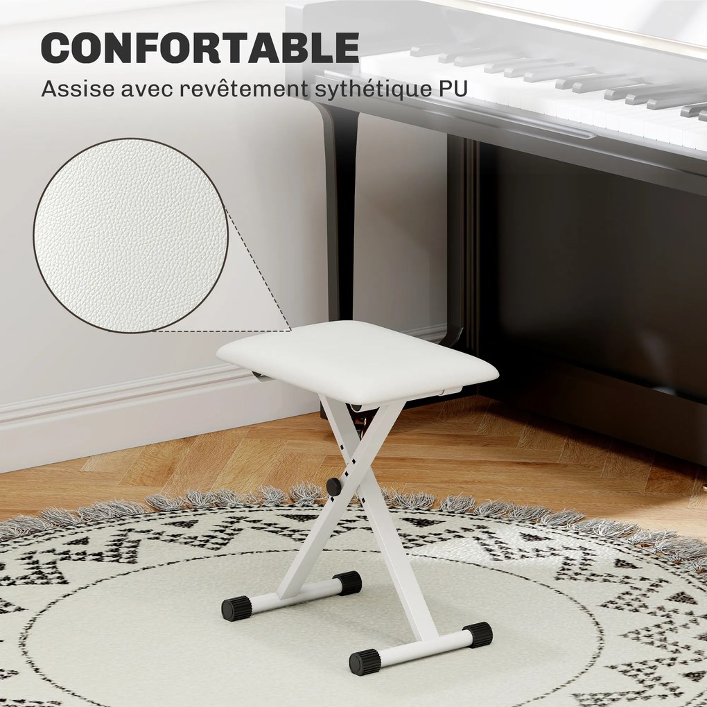 Banco de piano dobrável, banco de piano com altura ajustável, assento estofado em PU, 39 x 29 x 37-47 cm, branco