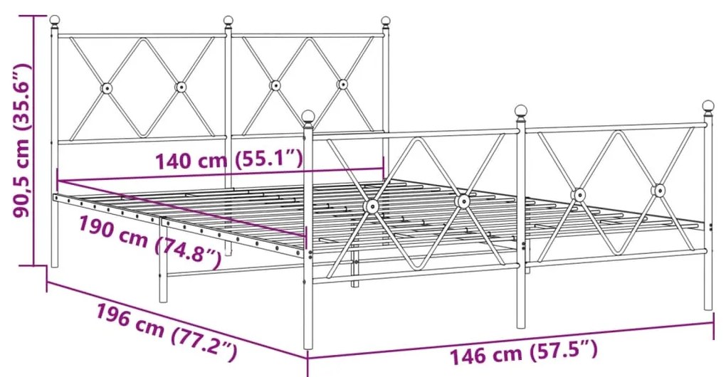 Estrutura de cama com cabeceira e pés 140x190 cm metal branco