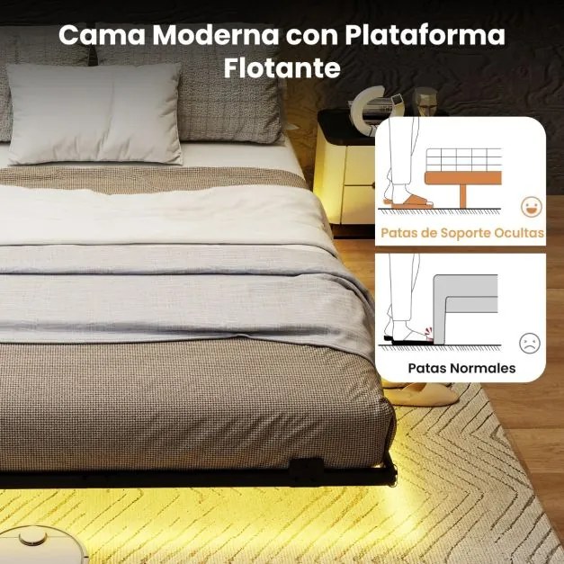 Estrutura de cama flutuante com luzes LED 200 x 140 x 24,5 cm de metal para colchão (COLCHÃO NÃO INCLUIDO) Base de ripas Somier preto