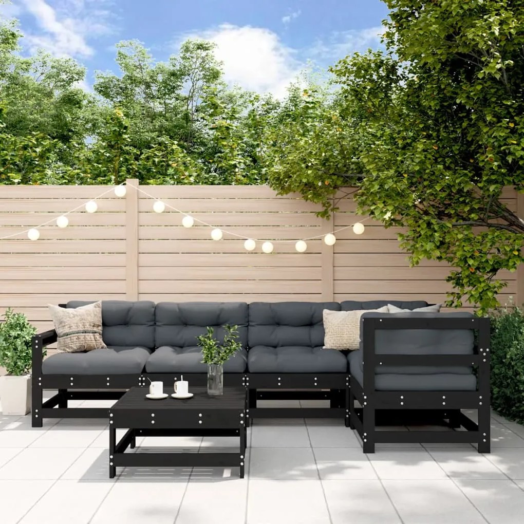 vidaXL 6pcs conjunto lounge jardim c/ almofadões madeira maciça preto
