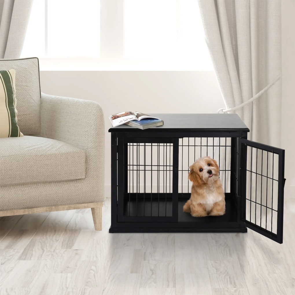 Gaiola para cães, móvel para animais, gaiola interior para cães em MDF de classe E1, 3 portas com fechadura, máx. 30 kg, 81 x 58 x 66 cm, preta