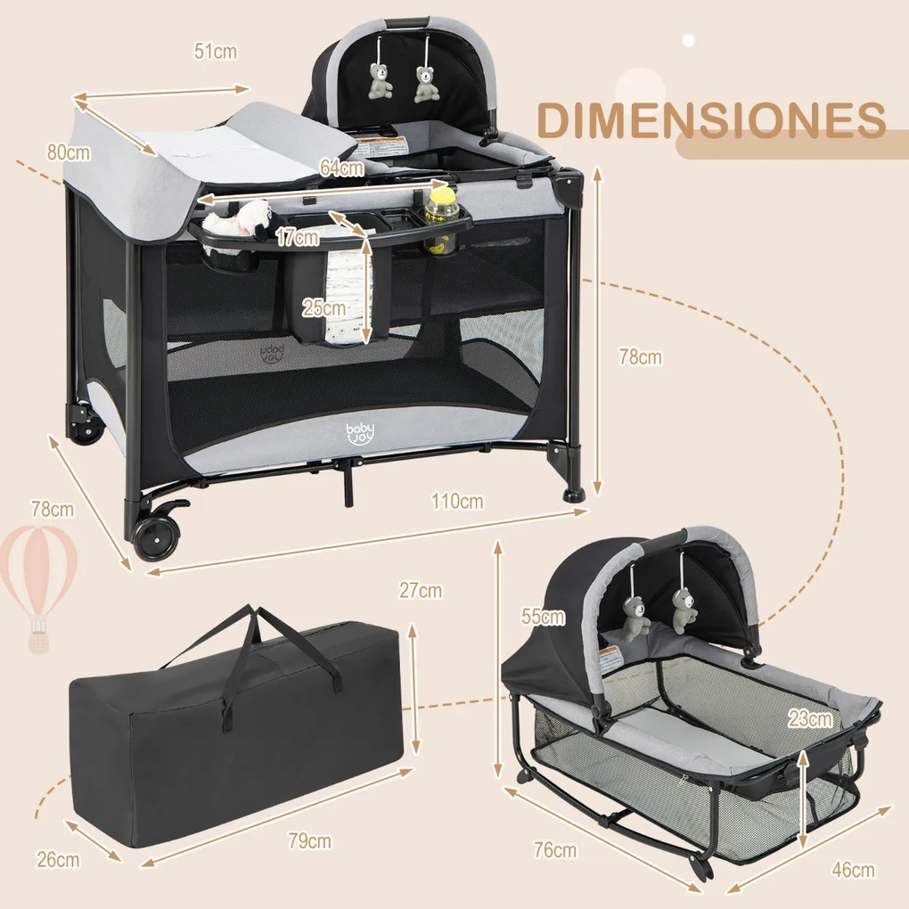 Berço bebés Centro de atividades infantil portátil 5 em 1 com protetor de cama trocador de saia colchão removível brinquedos 2 rodas 110 x 78 x 78 cm preto