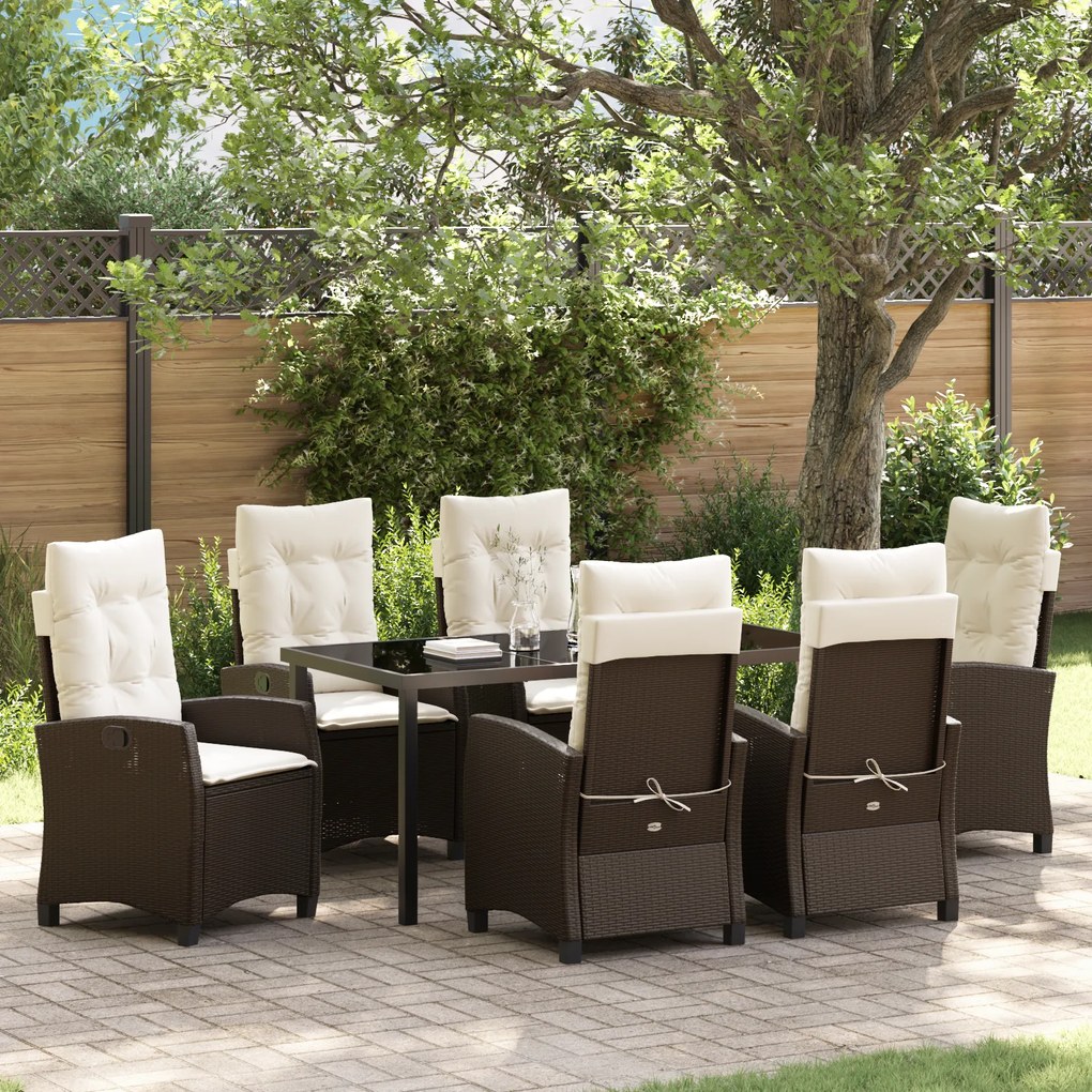 vidaXL Conjunto de Jantar de Jardim com 7 Peças e Almofadas – Rattan Poliéster Marrom.