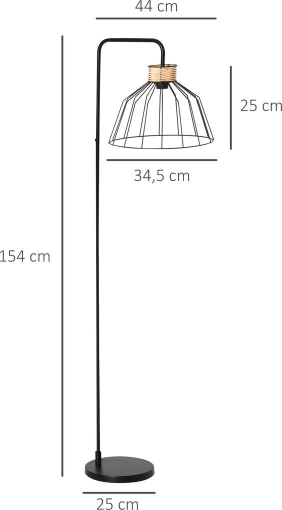Candeeiro de pé de design elegante em metal com detalhes em rattan, ideal para casa, escritório, restaurante e café, 44 x 34 x 154 cm, preto