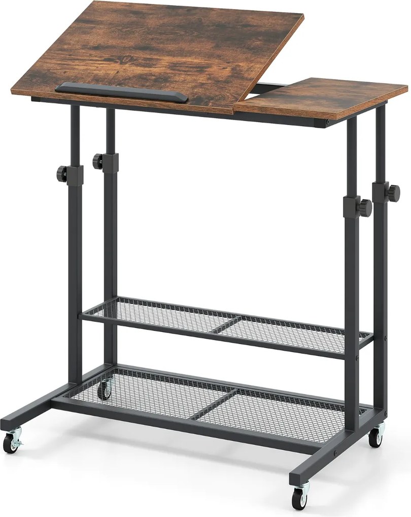 Secretária 80 x 50 x 64,5-89 cm ajustável em altura com tampo inclinável portátil com rodas Castanha