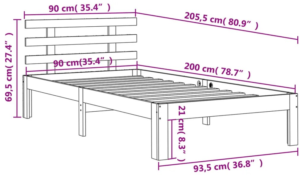 Cama sem colchão 90x200 cm pinho maciço castanho-mel