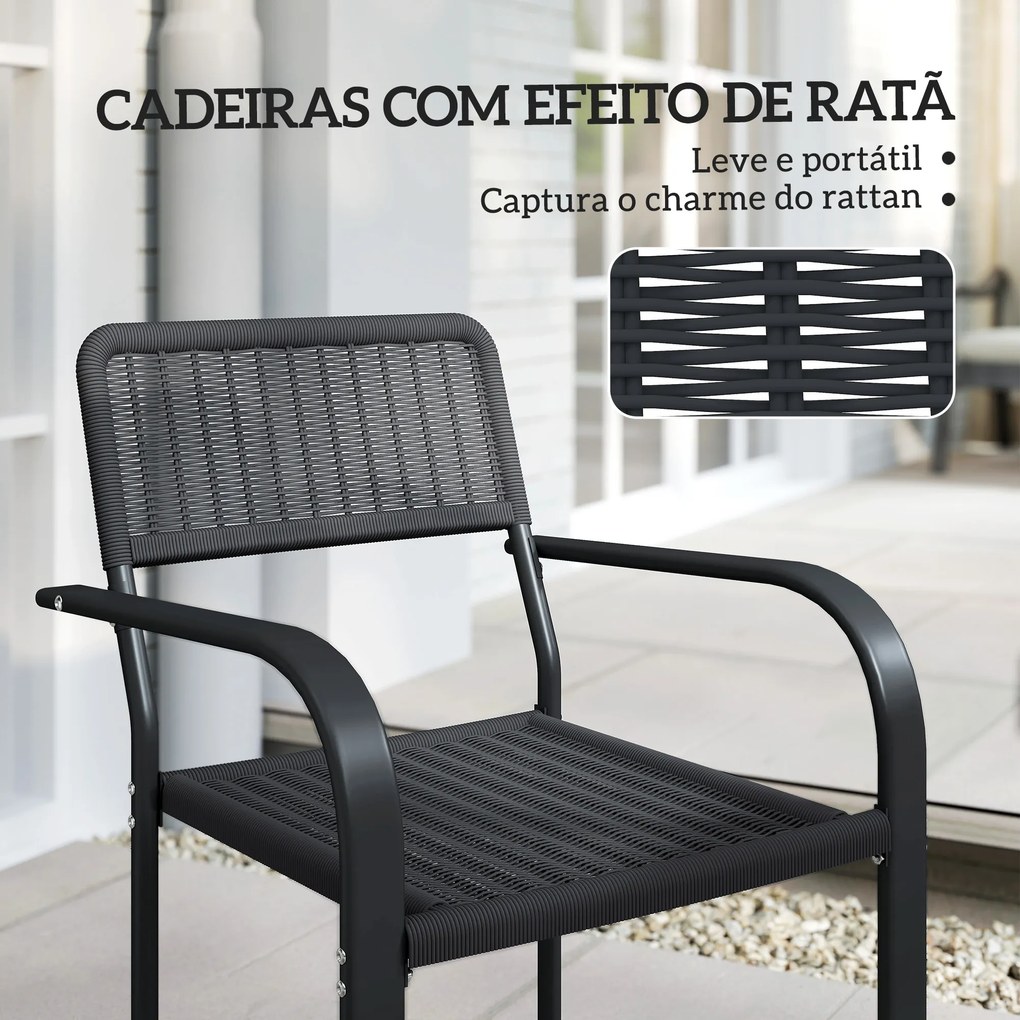 Conjunto de 4 Cadeiras de Jardim Exterior Empilháveis (MESA NÃO INCLUIDA) com Apoios de Braços Encosto e Estrutura de Aço 55x60x83 cm Preto