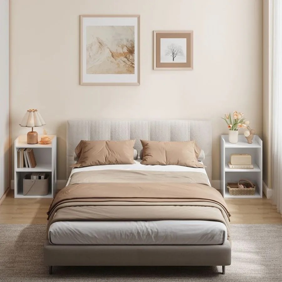 Conjunto de 2 mesas de cabeceira 30 x 40 x 60 cm Coleção Custos com compartimentos abertos para uso versátil, brancas
