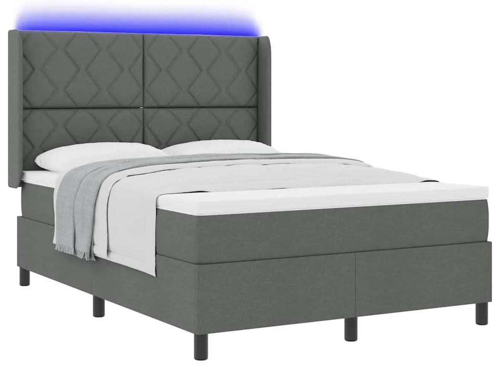 Cama Box com Colchão e LED Cinza Escuro, 140x200 cm em Tecido