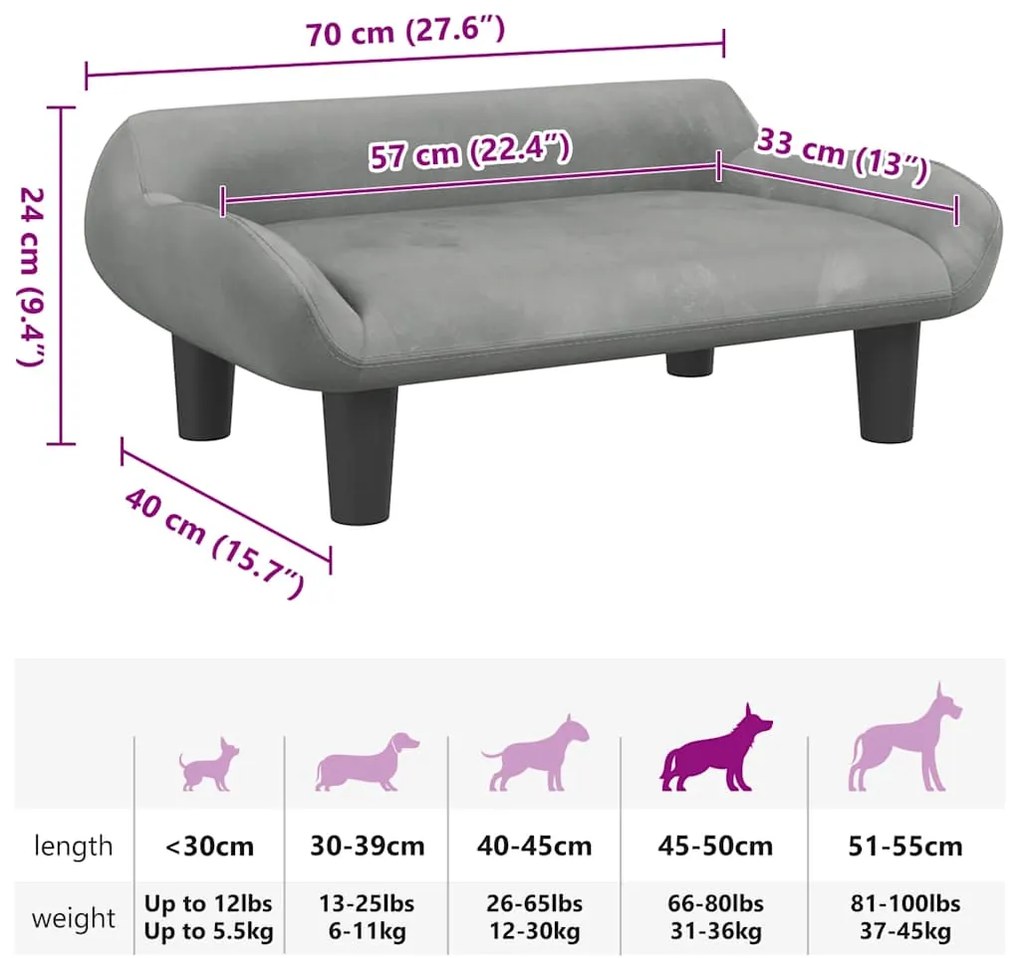 Cama para cães 70x40x24 cm veludo cinzento-claro