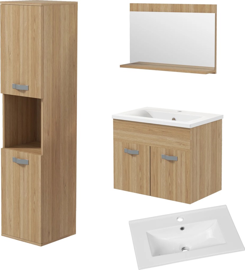 kleankin Conjunto de Móveis Casa de Banho 3 Peças com Espelho Móvel com Lavatório Cerâmico e Coluna de Casa de Banho Madeira | Aosom Portugal
