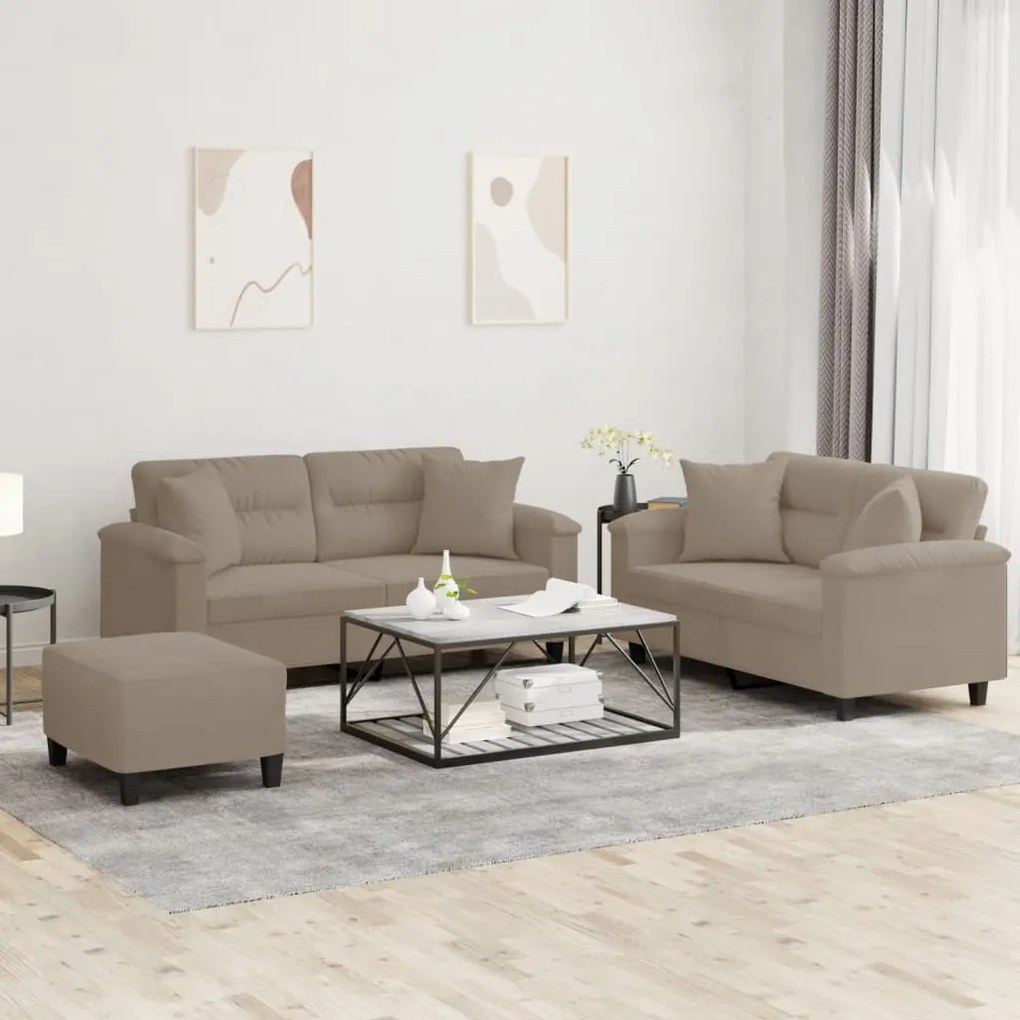 3 pcs conjunto sofás c/ almofadas microfibra cinza-acastanhado